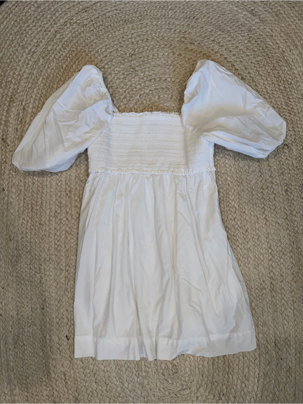 American Eagle Outfitters White Puff-Sleeve Smocked Mini Dress